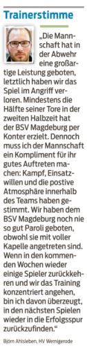 HVW Trainer Ahlsleben Stellungnahme in der Volksstimme zum Spiel gegen den BSV Magdeburg